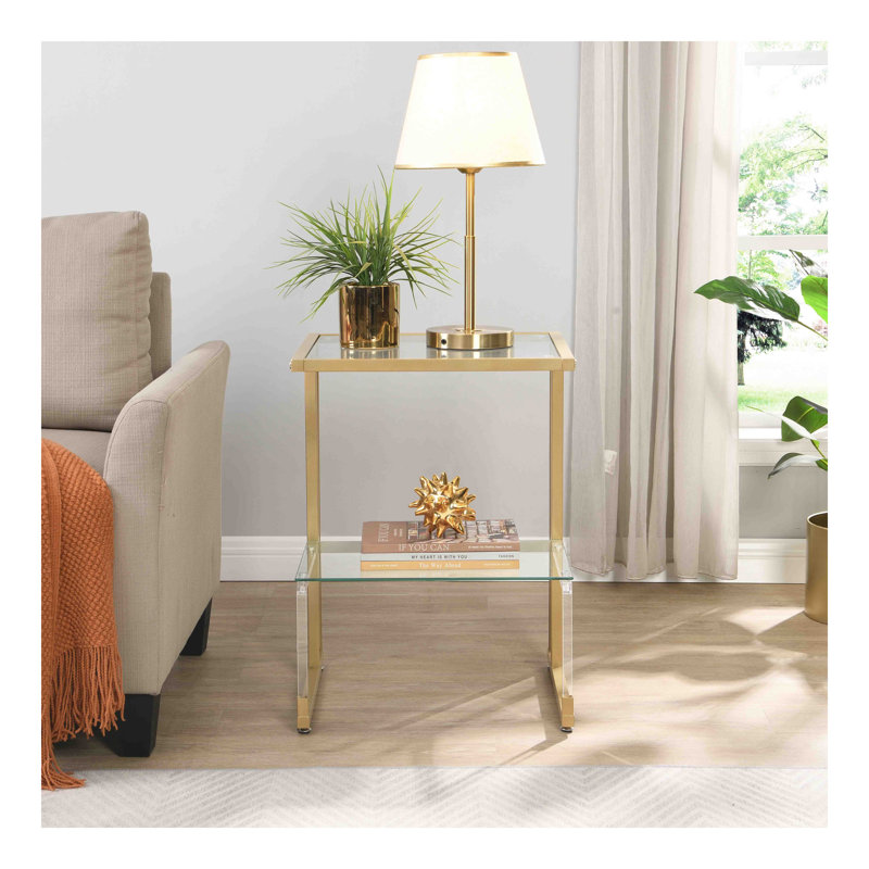 Table d'appoint Golden, table de bout en verre acrylique à 2 niveaux pour le salon et la chambre à coucher
