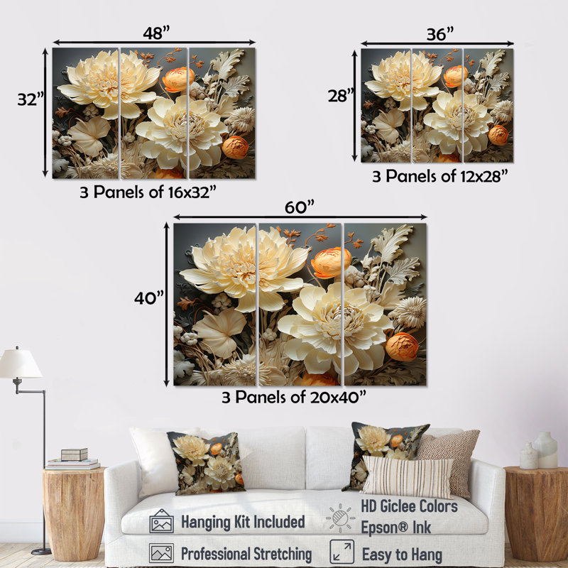 «Ivory Floral Intricacy - Flowers», ensemble de reproduction d'art mural, H 28 po x l 36 po x P 1 po