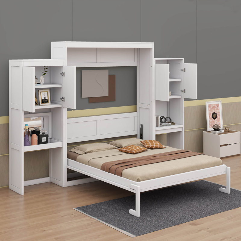 Grand lit escamotable intégré avec bureau, coiffeuse et armoires de rangement, Blanc