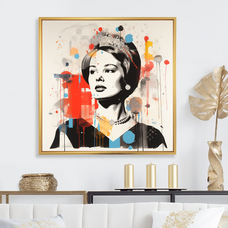 Pop Art Queen Elizabeth S Magazine I - célébrité, art mural, Cadre flottant doré, 16" H x 16" W