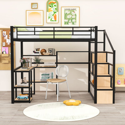 Full Metal Loft Bed with Built-in-Desk and Shelves