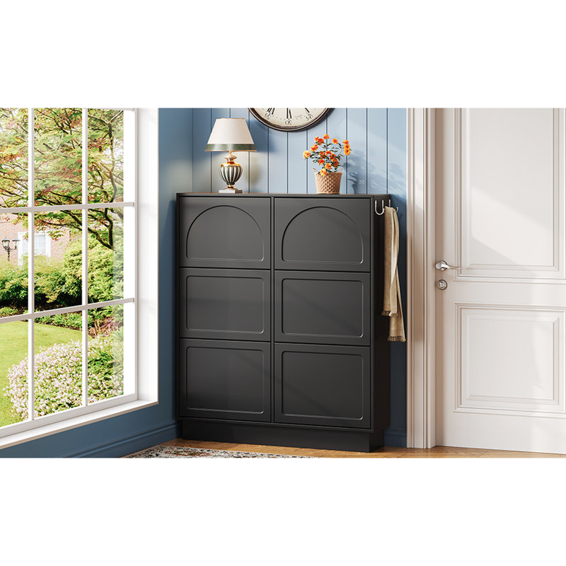 Modern Elegant Narrow Black Shoe Cabinet, 6 Flip Drawers, Adjustable Shelf, 3 Hooks, Space Saving For Entryway Storage Cream Style Build,