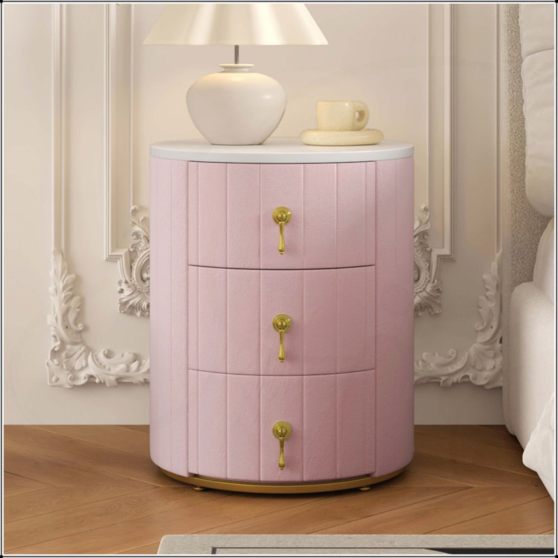 Table de chevet rembourrée avec 3 tiroirs, table de chevet ronde, plateau d'autocollants marbré pour un décor de chambre à coucher élégant, entièrement assemblé sauf les poignées