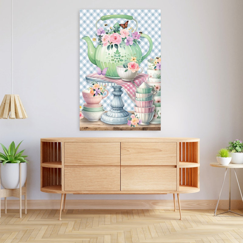 Dans la cuisine, théière et tasses, art floral contemporain, H 48 po x l 32 po