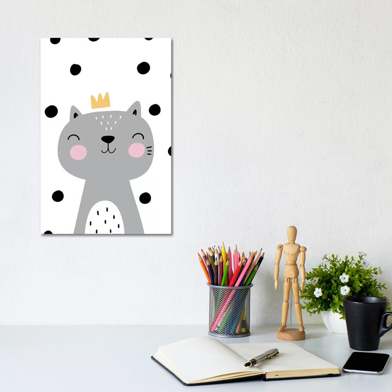 Cat With Crown Grey With Polka by Pixy Paper - Wrapped Canvas Print, 30.48cm H x 20.32cm W x 1.91cm D