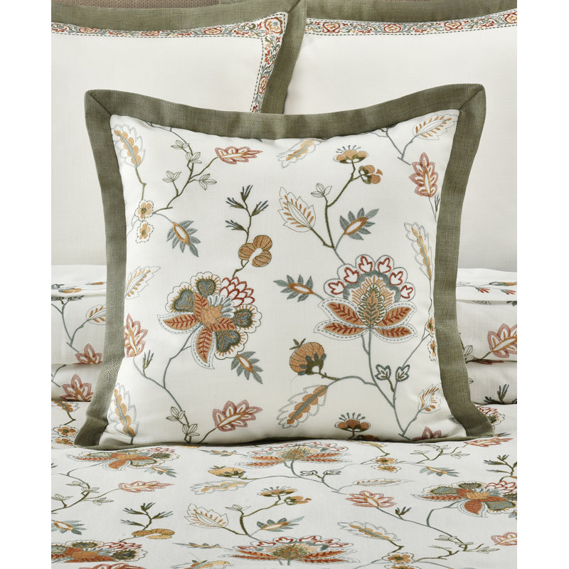 Angela 20" Square Floral Embroidered Faux Linen Throw Pillow