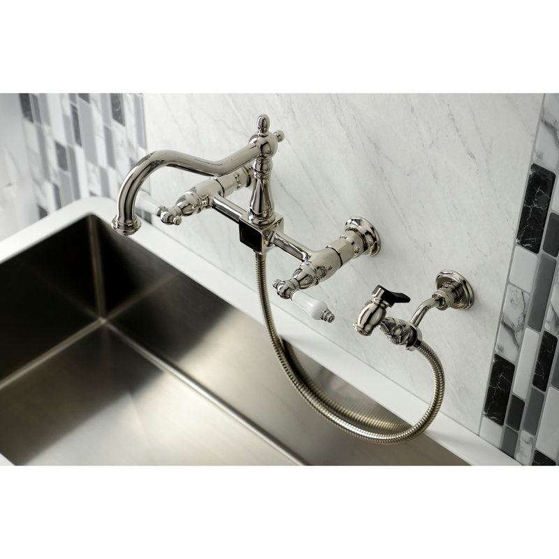 Kingston Brass Heritage Double-Handle 3-Hole Wall-Mount Bridge Kitchen Faucet with Brass Sprayer, Polished Nickel