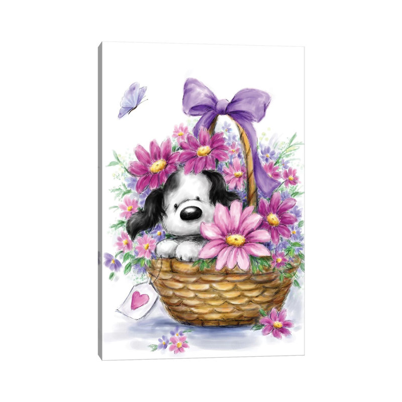 Grey Dog In Basket by MAKIKO - Wrapped Canvas Print, 20.32 cm H x 30.48 cm W