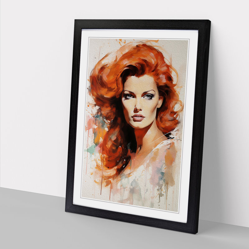 Red Headed Woman Gestural No.2 - Single Picture Frame Print on Wood, 46cm H x 34cm W x 2cm D, Black Framed