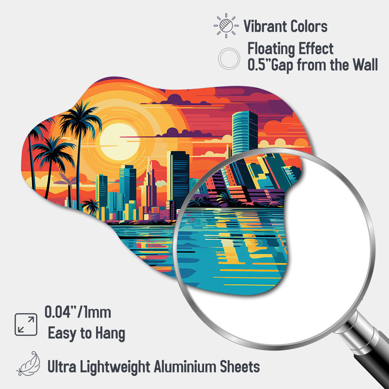 Pop Art Miami Cityscape I - Art mural asymétrique en métal, sculpture murale en métal, H 27 po x l 35 po