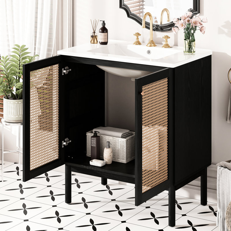Meuble-lavabo de 30 po Wiens avec bois massif noir, conception peu encombrante et charnières à fermeture en douceur faciles d'entretien, détails dorés élégants