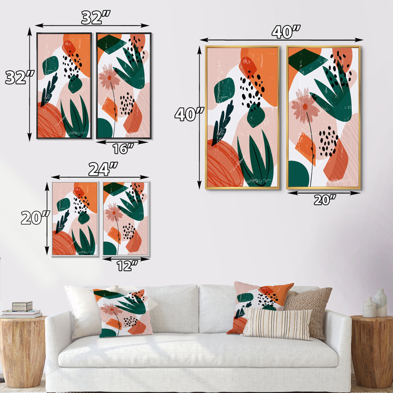 Formes abstraites minimales en couleurs rétro - ensemble de 2 impressions, H 40 po x l 40 po x P 1,5 po, Cadre blanc