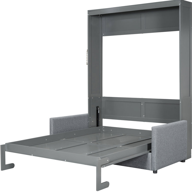 Lit escamotable gris pleine grandeur, lit avec coussin confortable, espace de rangement, matériaux multifonctionnels, rangement