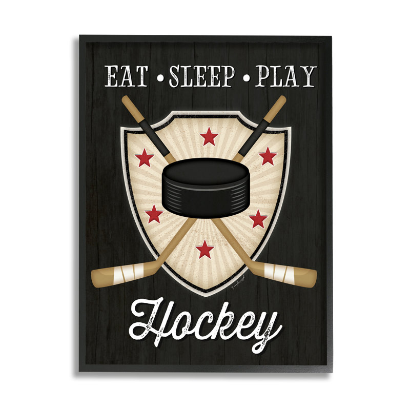 «Eat Sleep Play Hockey Expression Crossed Sticks Puck» par Jennifer Pugh - impression, Giclée encadrée noir minuit