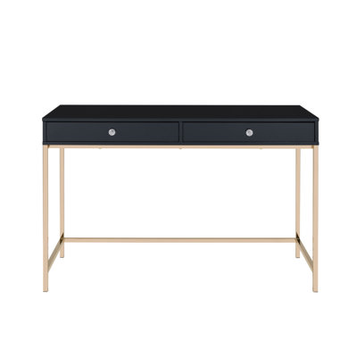 Bureau d'écriture rectangulaire avec 2 tiroirs, noir brillant et doré