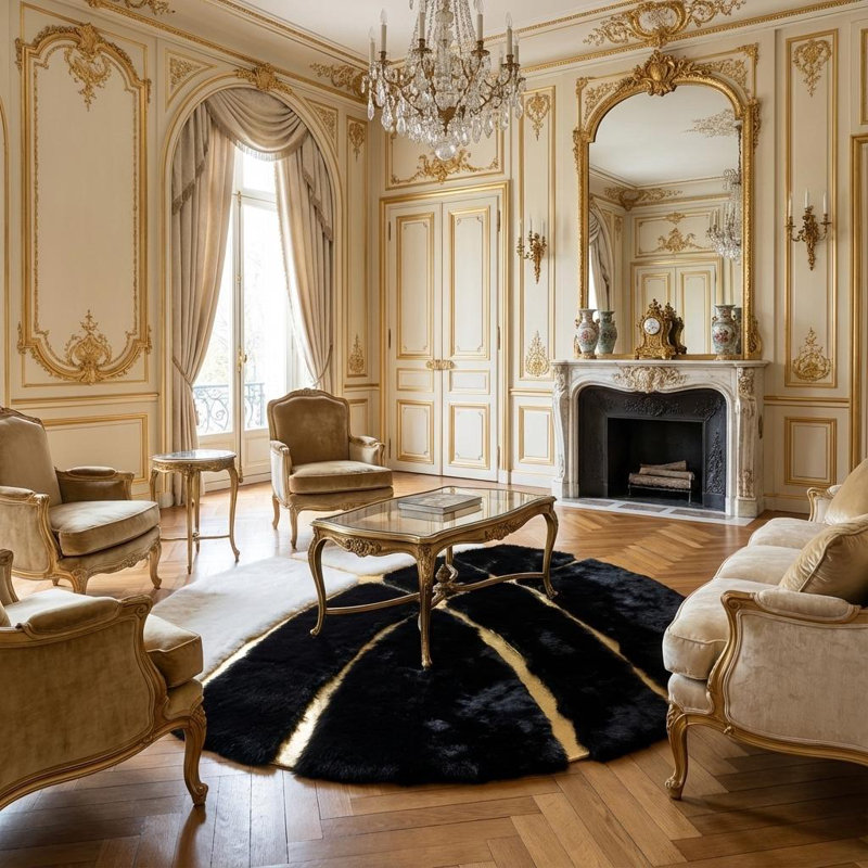Tapis noir et blanc rond en peluche - Tapis de luxe pour salon, chambre à coucher, Rectangle 4'11" x 4'11"