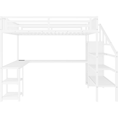Grand lit mezzanine en métal blanc avec structure thermolaquée, roulement robuste et tête de lit à lattes horizontales de bureau, garde-corps, espace inférieur