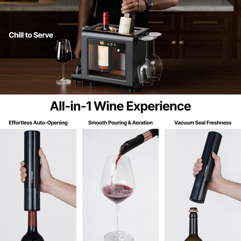 Ca'lefort Luxury Wine Gift Set – All-in-1 Set 46-64°F Electric Wine Cooler for 2 Standard Bottles, Auto-Opener, Vacuum Sealer & Crystal Wine Glasses, Gift for Men, Women, Dad, Wine Lovers, Gift for Mother's Day, Father's Day, Christmas, Birthday