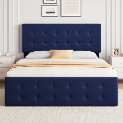 Queen Size Bed Frame With 4 Storage Drawers And Headboard, Velvet Upholstered Platform Bed Frame With Wooden Slats Support, Button Tufted Design, No Box Spring Needed, Blue