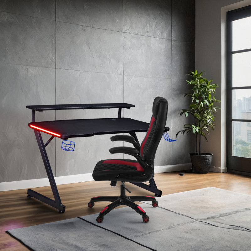Orlene Series 48" LED Gaming Computer Desk With Riser Shelf, Built-in Grommet Route, Cup Holder & Headphone Hook – Carbon Fiber Black