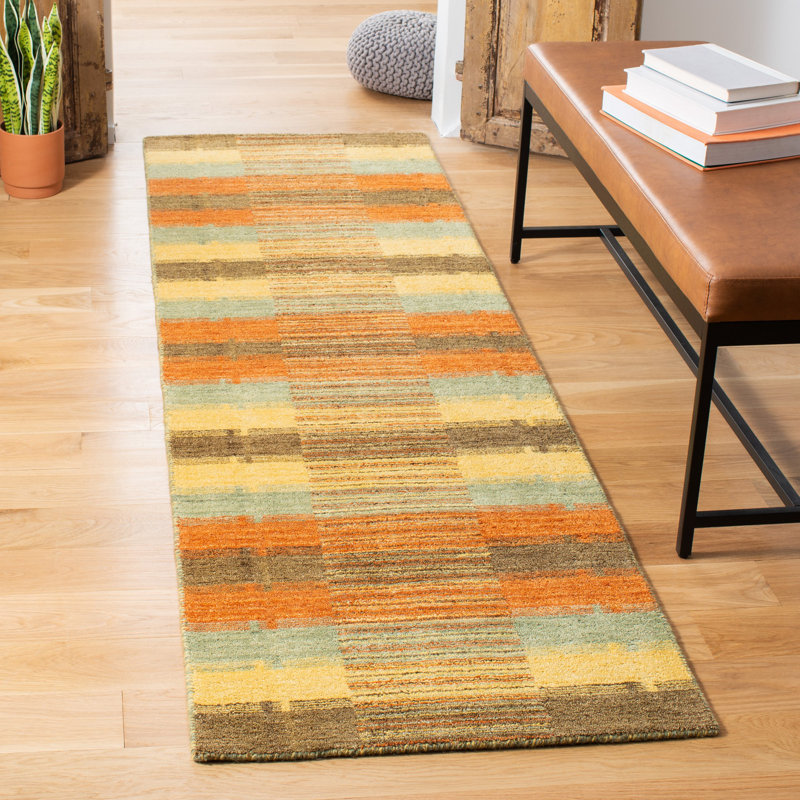 Tapis brun / orange / jaune en laine tissé à plat à la main Frann, Tapis de couloir 2 pi 3 po x 6 pi