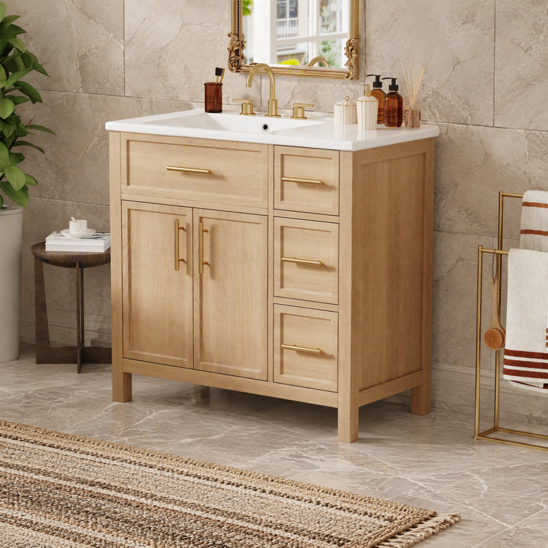 Meuble-lavabo autoportant en bois massif de 91 cm (36 po) avec lavabo, 2 portes et 3 tiroirs., Natural