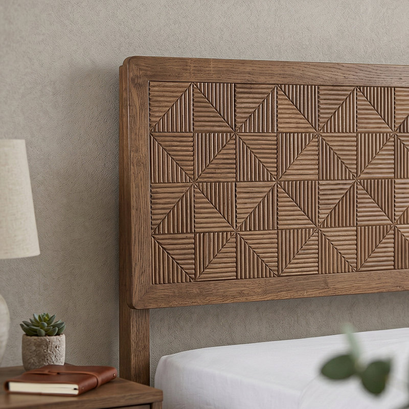 Selvar Mid-Century Modern Solid Wood Platform Bed with Labyrinth Headboard - Queen Size in Chestnut Brown, Chestnut Brown 