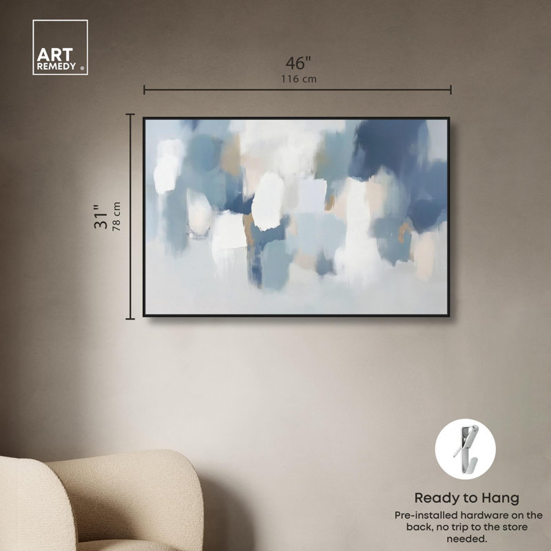 «Dreaming Indigo I», art abstrait bleu par Art Remedy, Cadre noir, H 31 po x l 46 po