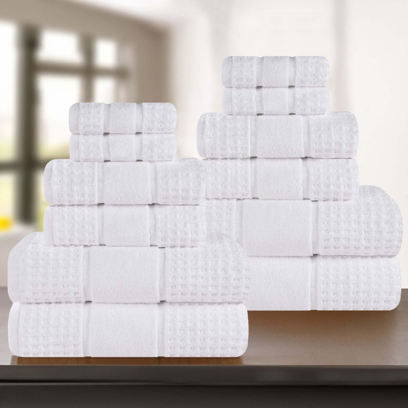 Hisela Zero Twist Cotton Solid Waffle Honeycomb Plush Soft Absorbent Medium Weight Assorted Towel Set, White