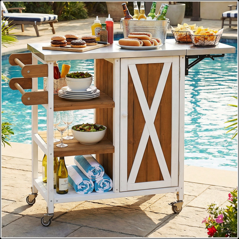 Îlot de cuisine extérieur pliable en acier inoxydable avec roulettes verrouillables, rangement et porte-serviettes pour la commodité du patio