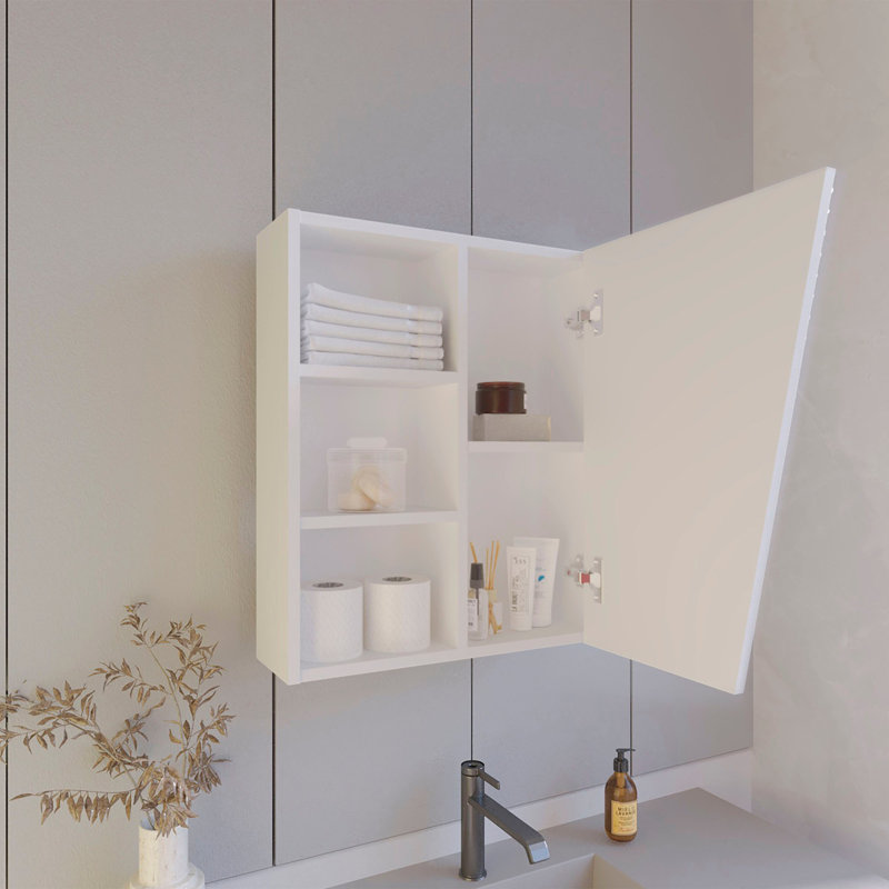 Armoire à pharmacie blanche avec porte en miroir et rangement ouvert