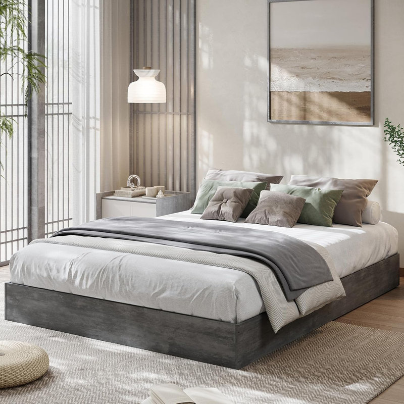 King Wood Platform Bed Frame, No Headboard, Heavy Wooden Slats, No Box Spring, Black, Gray, King