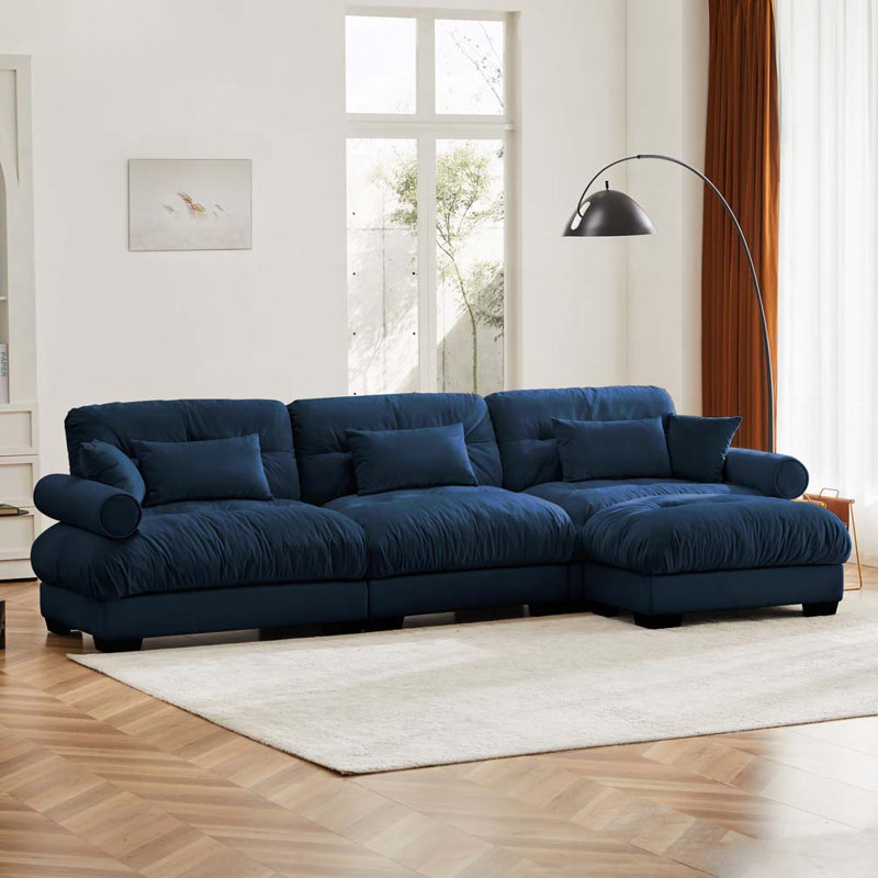 Canapé en velours 3 places avec repose-pieds, Bleu