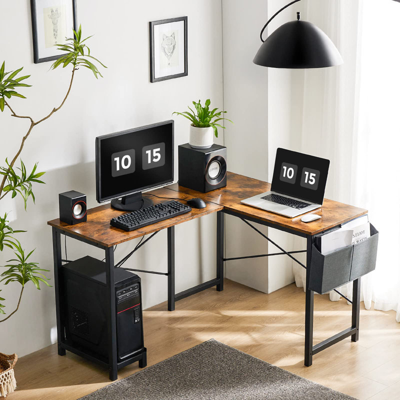 Bureau en L réversible de 50 po de large avec sac de rangement Hussan, Brun, Métal métal