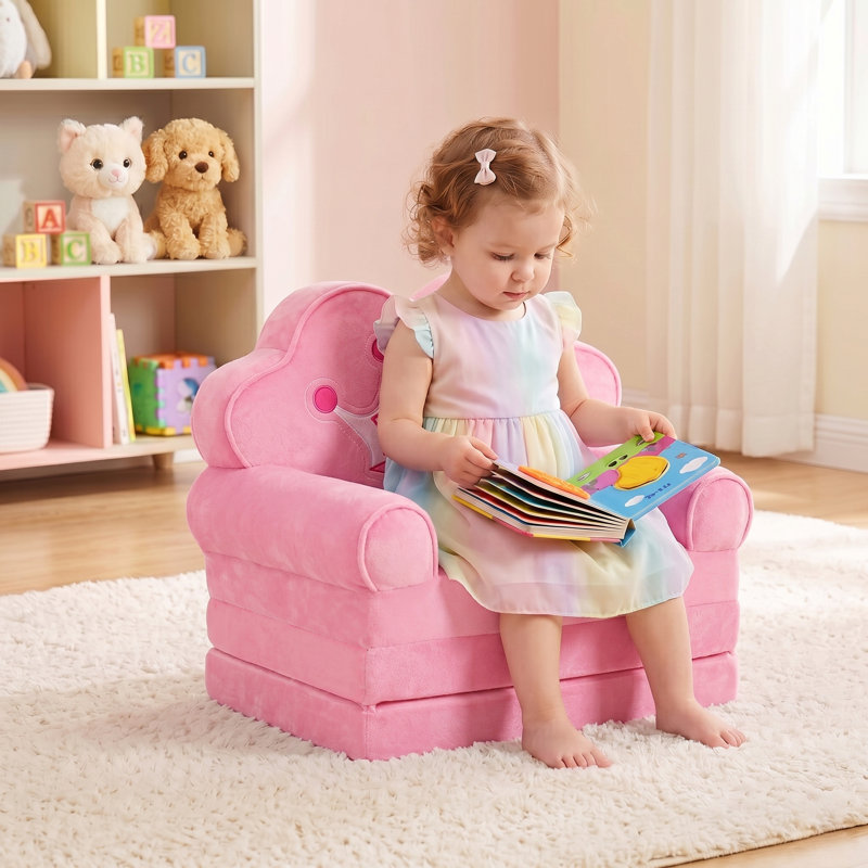 Kids 2-in-1 Foldable Princess Sofa and Flip-Out Lounger, Soft Foam Convertible Chair for Girls Playroom & Bedroom, Pink Gift for Birthday, Ages 1-3