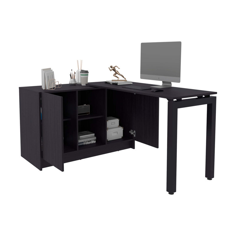 Bureau en wengé avec deux tablettes de rangement ouvertes