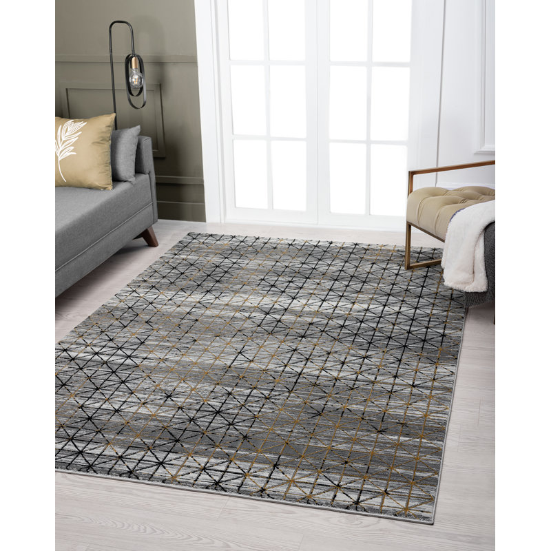 Tapis géométrique doré / gris, Rectangle 7 pi 10 po x 10 pi