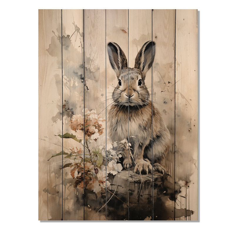 Art asiatique, lapin Sumi II sur bois, H 20 po x l 10 po x P 0,78 po