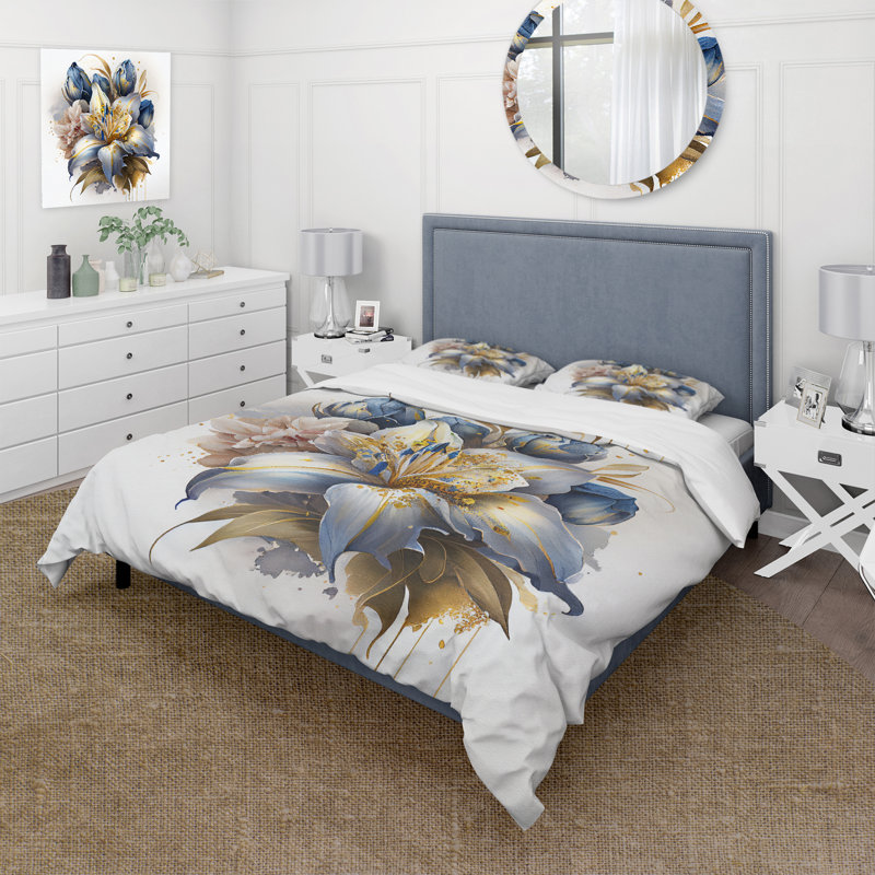 Ensemble de housse de couette Gosciminski Gold and Blue Lily Bouquet III - Floral Lily