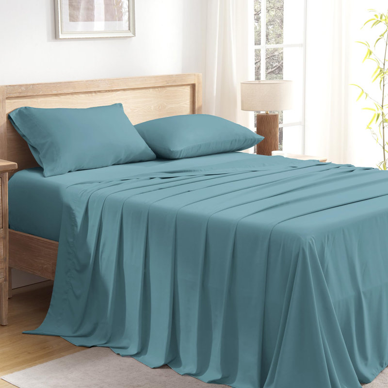 Ensemble de draps pour grand lit bleu sarcelle Andency, 100% viscose dérivée de bambou, draps rafraîchissants pour grand lit, draps profonds jusqu'à 16 po, draps soyeux, draps et taies d'oreiller de luxe Hotel…