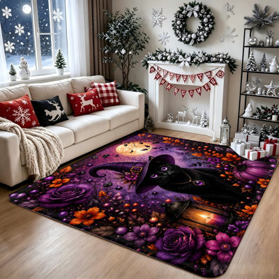 Tapis anti-dérapant Mystical Black Cat Witch Hat Moon Night