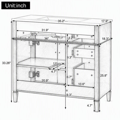 Meuble-lavabo de 36 pouces avec lavabo en céramique, structure en bois de pin massif et armoire en panneau de fibres à densité moyenne, tiroir rabattable, 3 tiroirs et armoire à tablette réglable, charnières à fermeture en douceur, pour robinet de 8 po