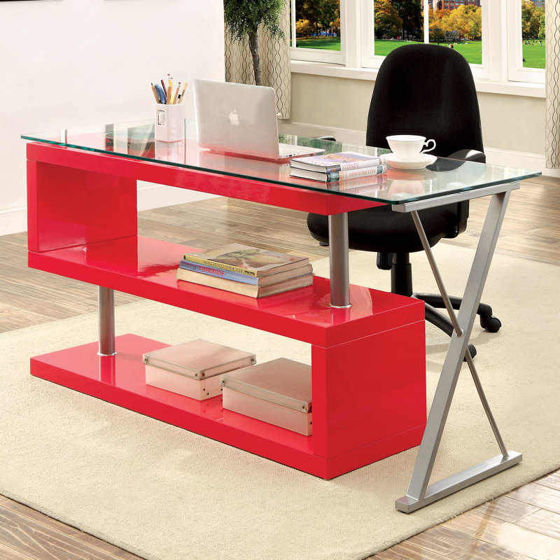 Folden L-Shaped Glass Top Computer Desk, Rose Pink