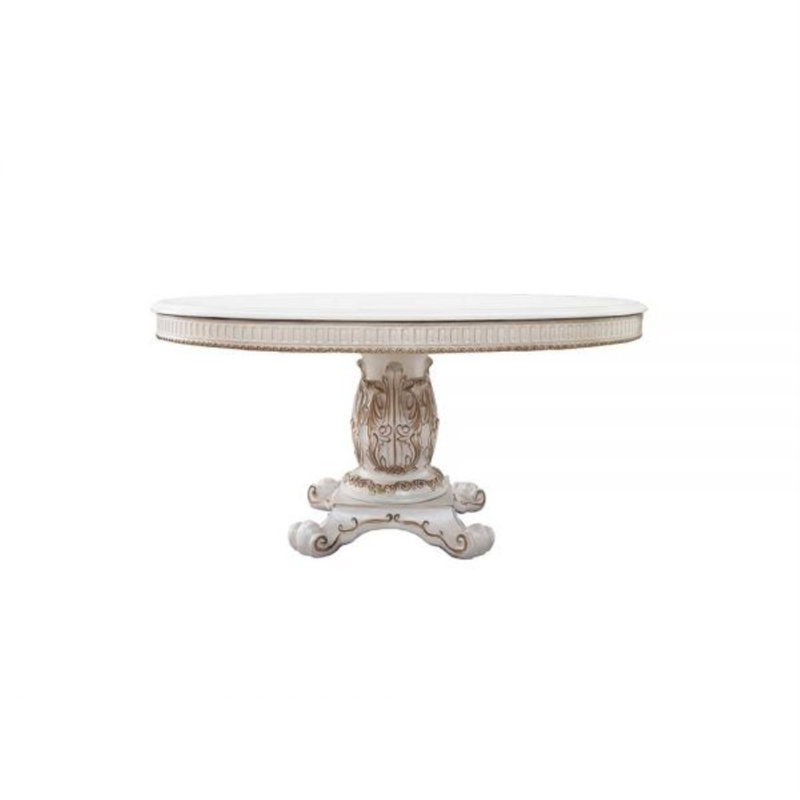 Antique Pearl Finish Round Wooden Dining Table with Pedestal Base