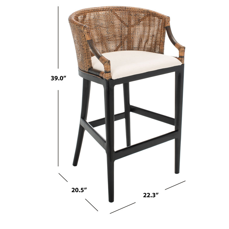 White Cushion Brown Rattan Back Bar Stool with Black Mahogany Legs