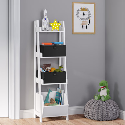 RiverRidge Kids 4-Tier 13in Ladder Shelf Toy Organizer and Book Storage with 3 Open Display Shelves- White with Two 5" Fabric Bins