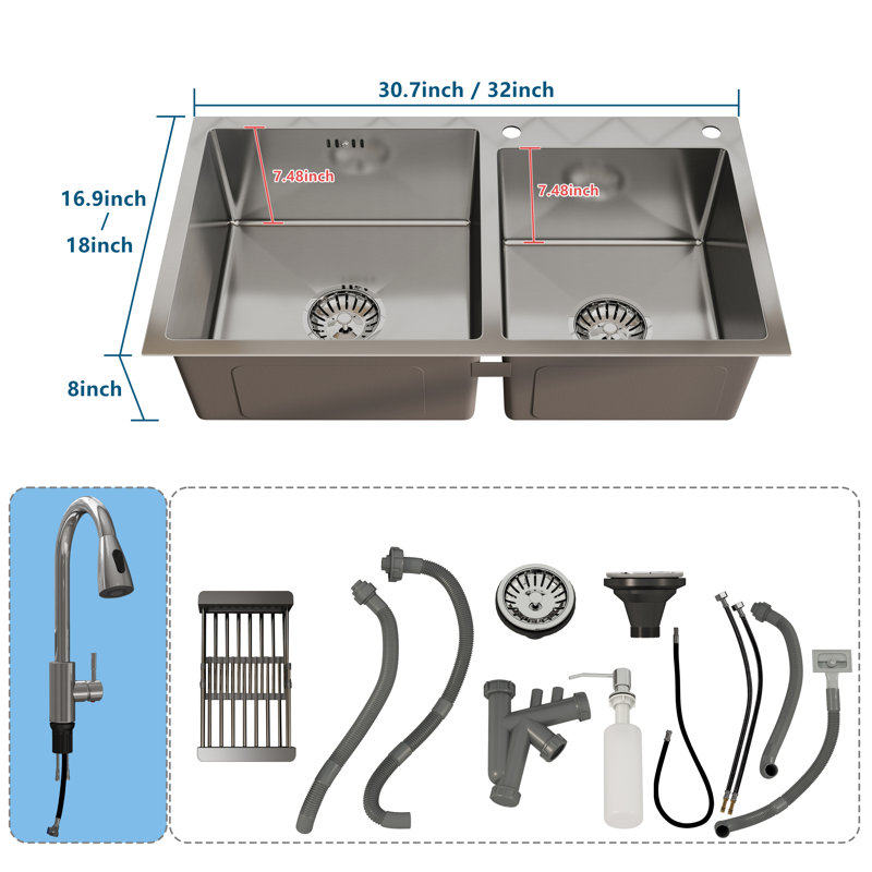 30" Drop In Double Bowl Kitchen Sink, 32"