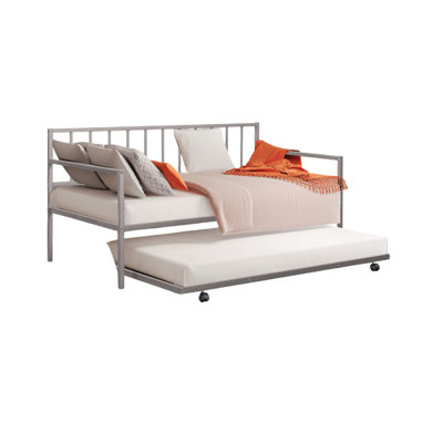 Silver Finish 1Pc Twin Size Metal Daybed With Trundle Contemporary Style Full Metal Structure Mattress Ready