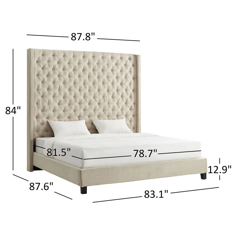 Lit plateforme tapissier Londono, Lin beige chiné, Très grand