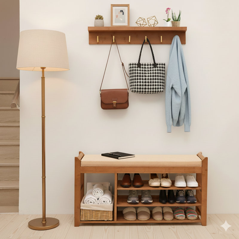 Hall Tree With Bench And Shoe Storage, Coat Rack Shoe Bench Set With Seat Cushion And 6 Hooks For Entryway, Hallway, Living Room And Bedroom